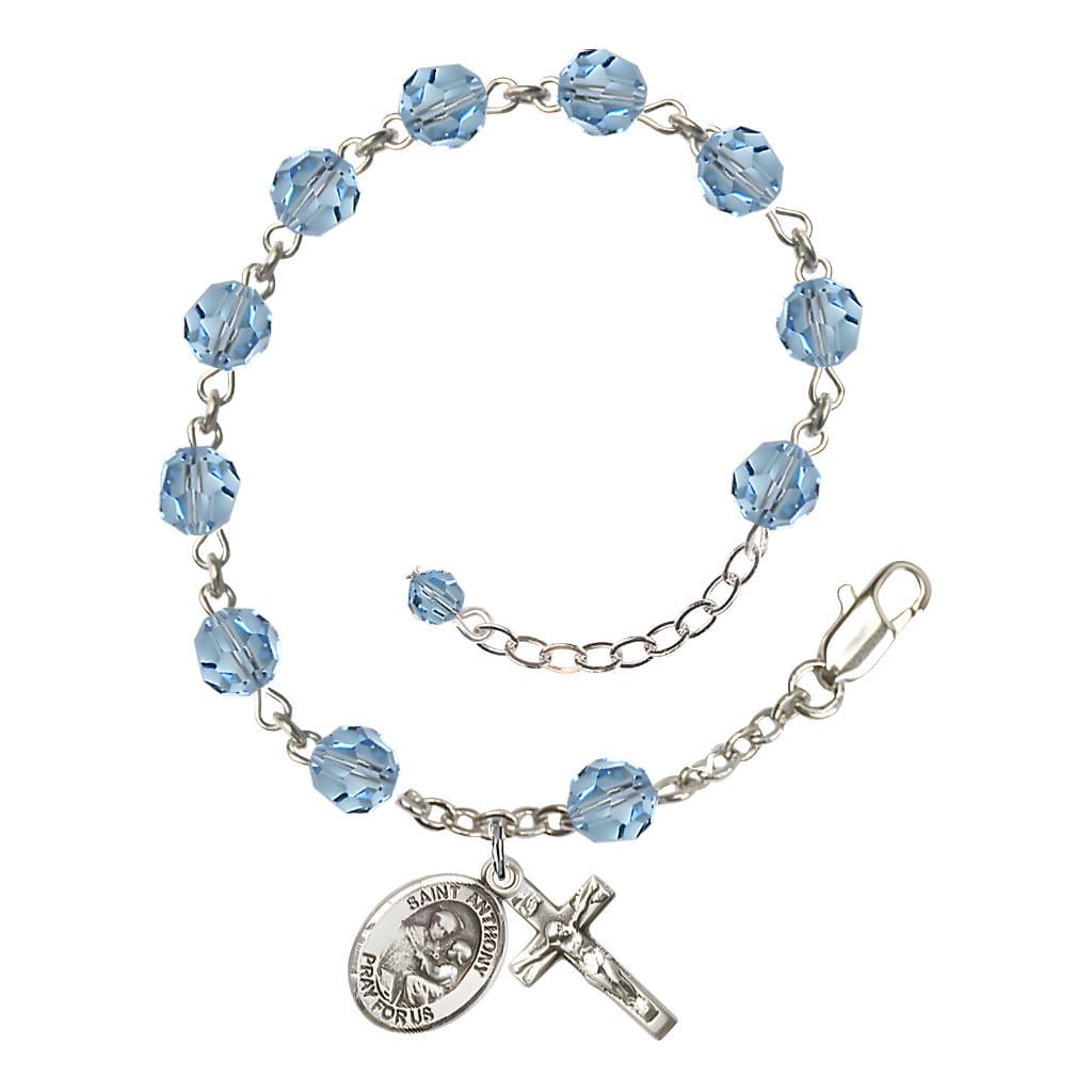 Sterling Silver Crystal St Anthony of Padua Birthstone Rosary Bracelet in Aqua Bliss Manufacturing