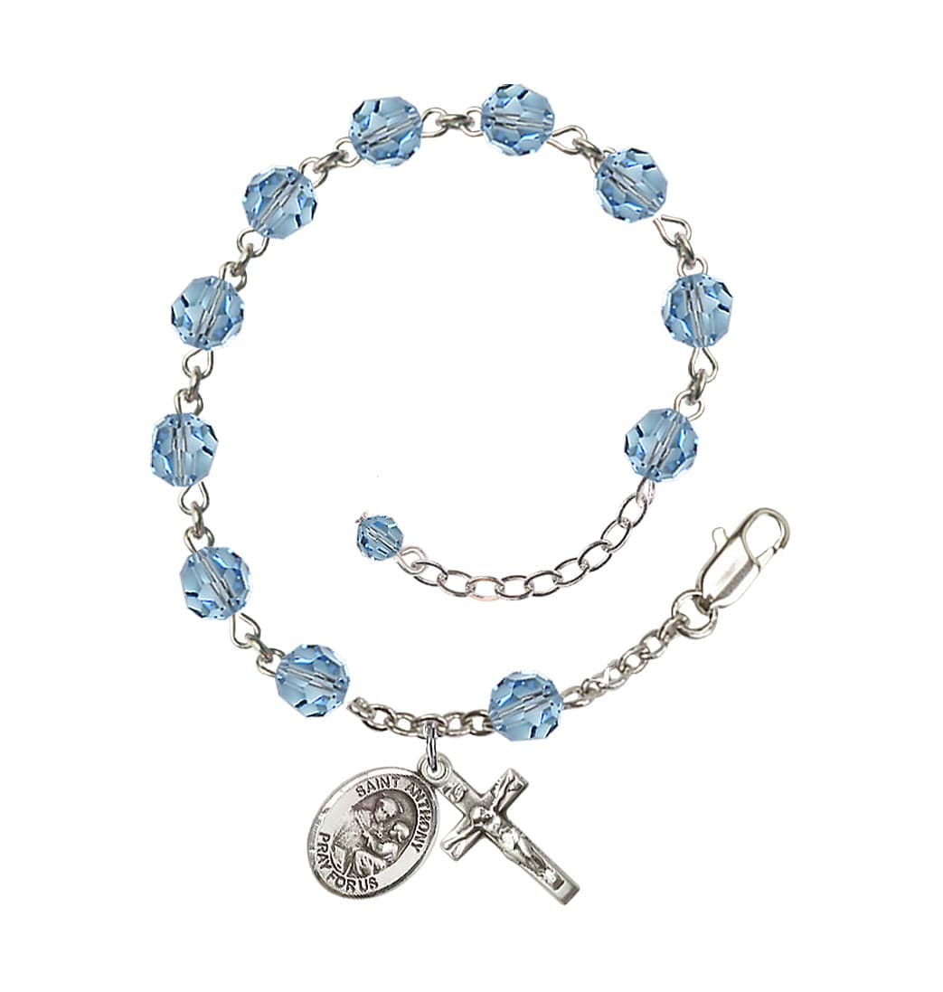 Bliss Sterling Silver Crystal St Anthony of Padua Birthstone Rosary Bracelet in Aqua,