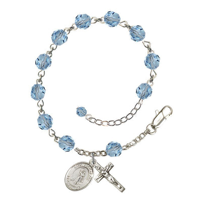Our Lady of the Precious BloodRosary Bracelet with Sterling Silver Crucifix and Charm, Birthstone 6mm Austrian Crystal Aqua Beads for March, Bliss Manufacturing