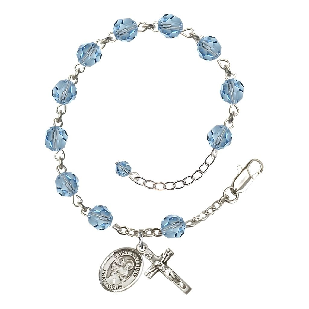 St. Matthew the Apostle Birthstone Sterling Silver 6mm Aqua Austrian Crystal Rosary Bracelet, Sterling Silver Crucifix and Centerpiece