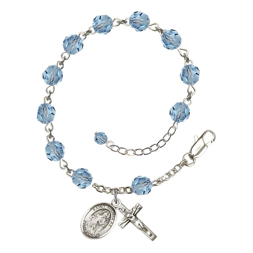 Bliss St. Nicholas Rosary Bracelet with Sterling Silver Centerpiece and Crucifix, March Birthstone 6mm Aqua Austrian Crystal Beads