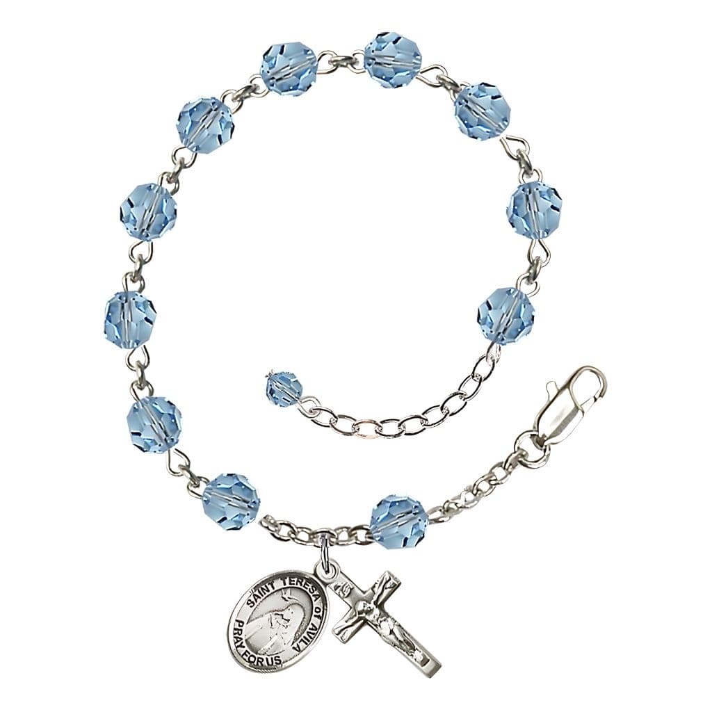 Bliss St. Teresa of Avila Birthstone Sterling Silver 6mm Aqua Austrian Crystal Rosary Bracelet
