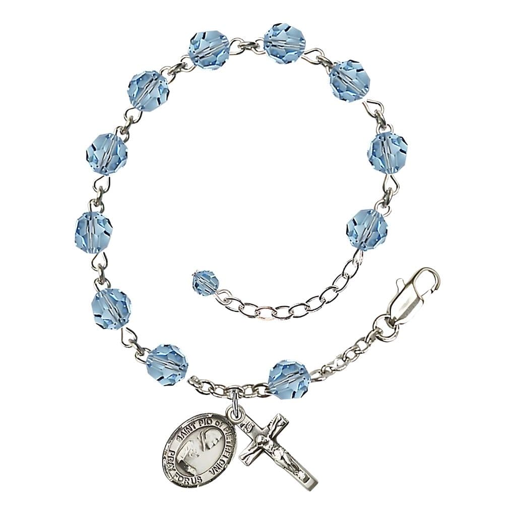 Bliss St. Padre Pio of Pietrelcina Birthstone Rosary Sterling Silver Bracelet with aqua 6mm Austrian crystal beads