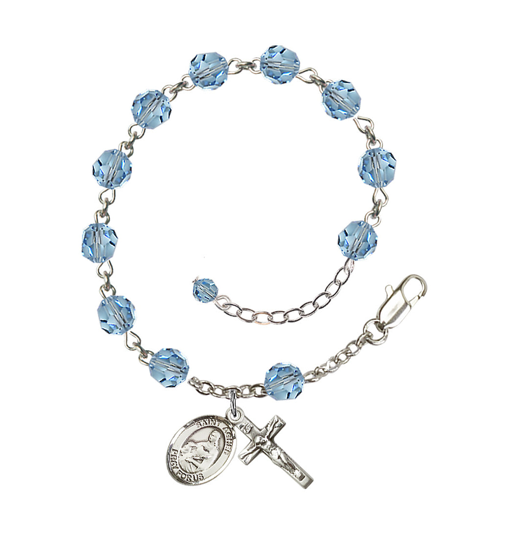 Bliss Sterling Silver Crystal St Agnes of Rome Birthstone Rosary Bracelet in Aqua,