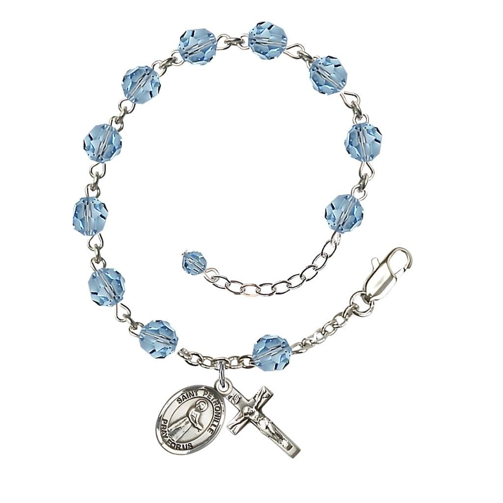St. Petronille Sterling Silver Rosary Bracelet with 6mm Aqua Austrian Crystal Beads,