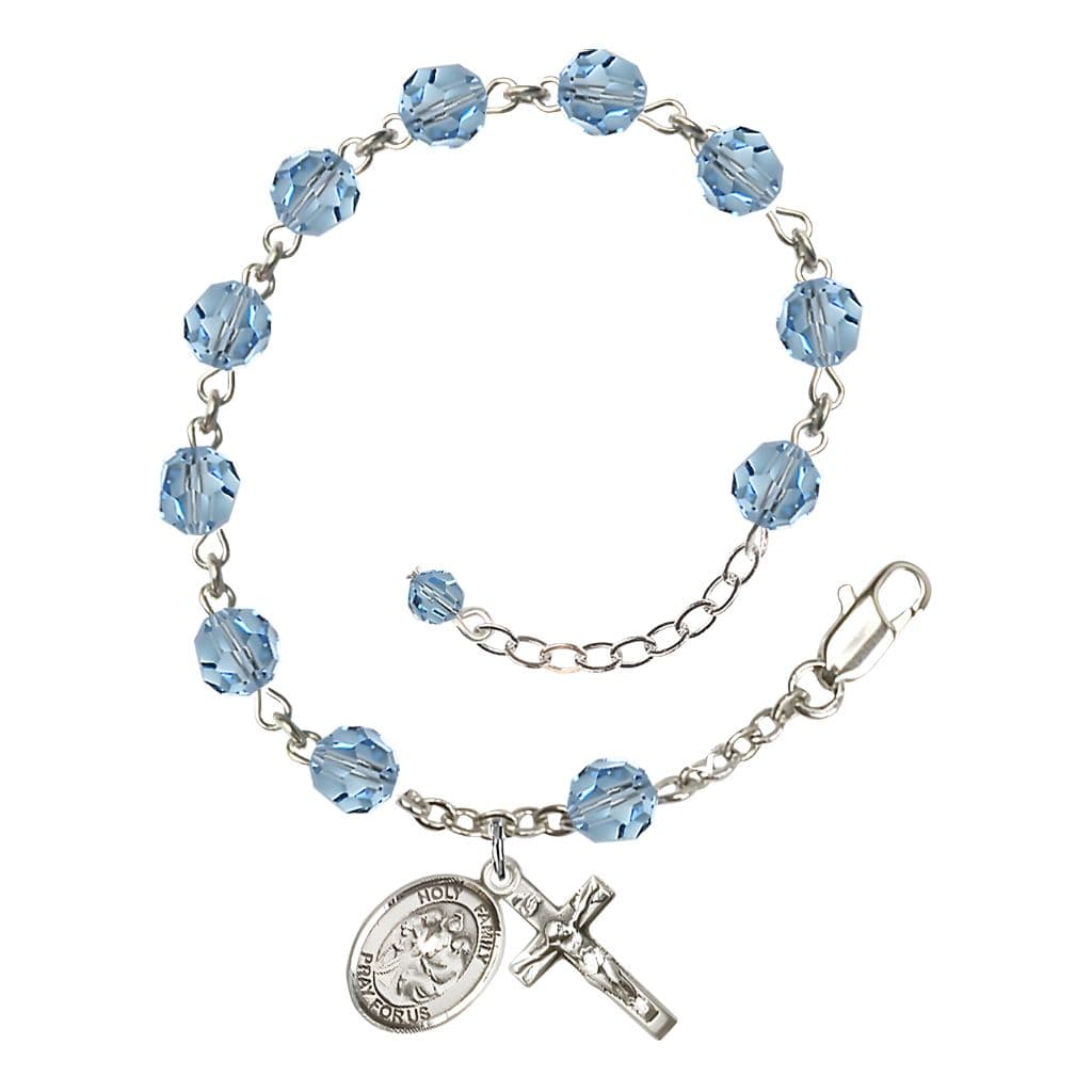 Bliss Holy Family Rosary Bracelet with Sterling Silver Crucifix and Medal, Birthstone 6mm Austrian Crystal Aqua Beads for March
