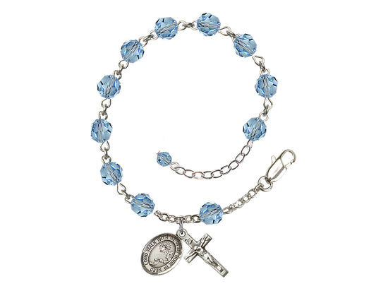 Footprints Cross 6mm Austrian Aqua Crystal Sterling Silver Rosary Bracelet