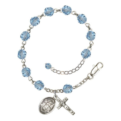 St. Isidore the Farmer Rosary Bracelet with Sterling Silver Crucifix and Charm, Birthstone 6mm Austrian Crystal Aqua Beads for March, Bliss Manufacturing