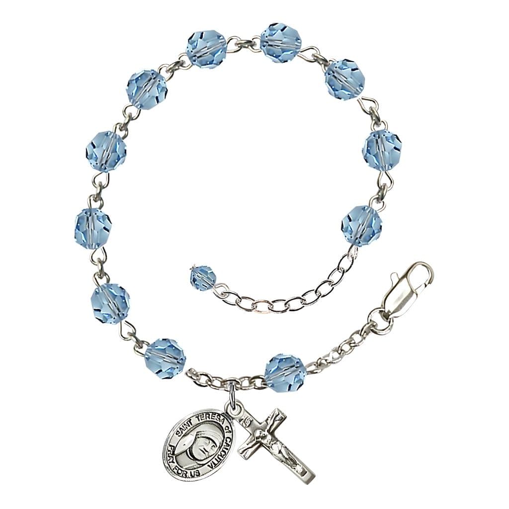 Bliss St. Teresa of Calcutta Birthstone Sterling Silver Aqua 6mm Austrian Crystal Rosary Bracelet