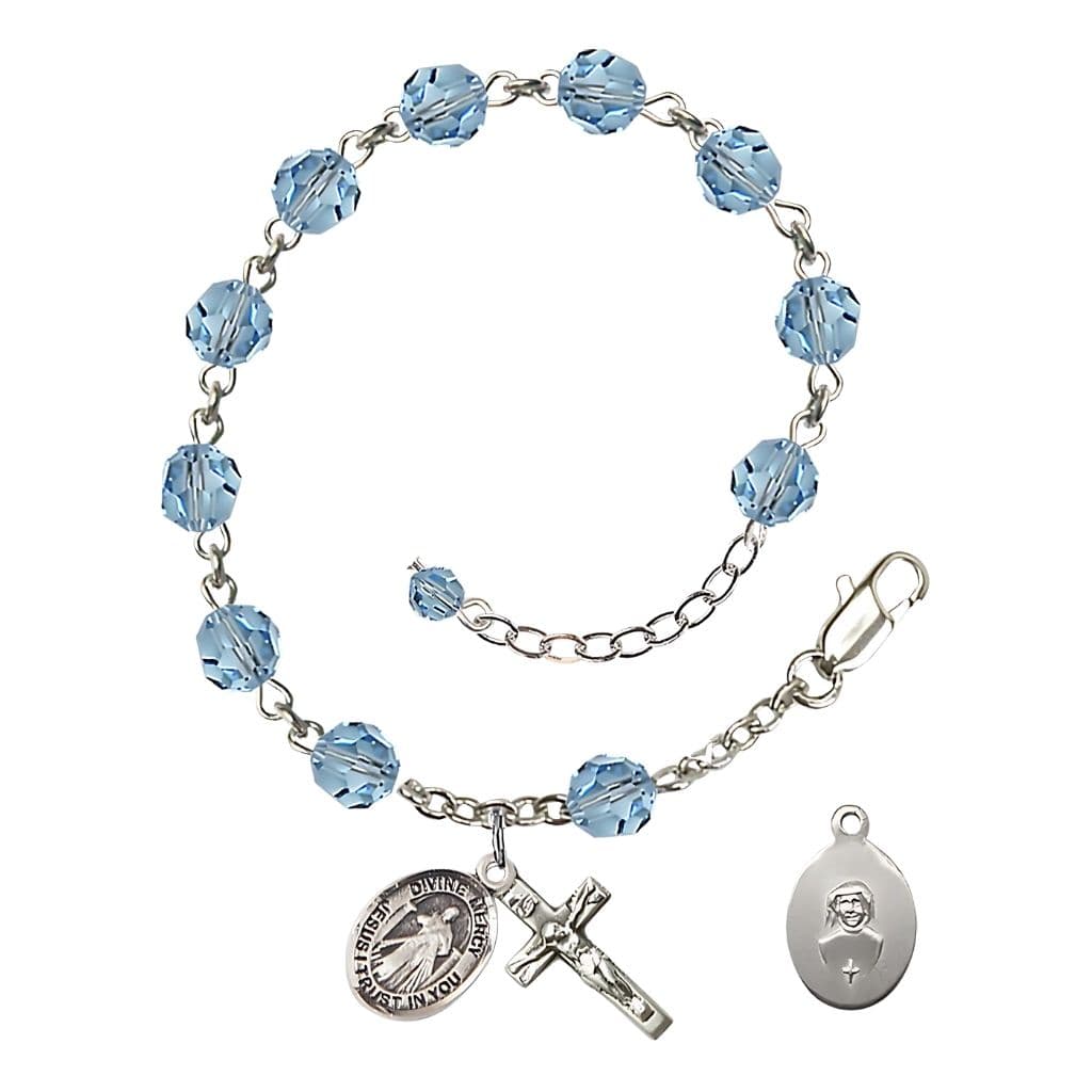 Bliss Jesus Divine Mercy Rosary Bracelet with Sterling Silver Crucifix and Charm, Birthstone 6mm Austrian Crystal Aqua Beads for March