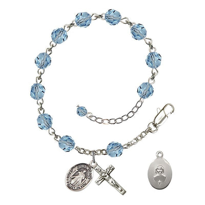 Jesus Divine Mercy Rosary Bracelet with Sterling Silver Crucifix and Charm, Birthstone 6mm Austrian Crystal Aqua Beads for March, Bliss Manufacturing