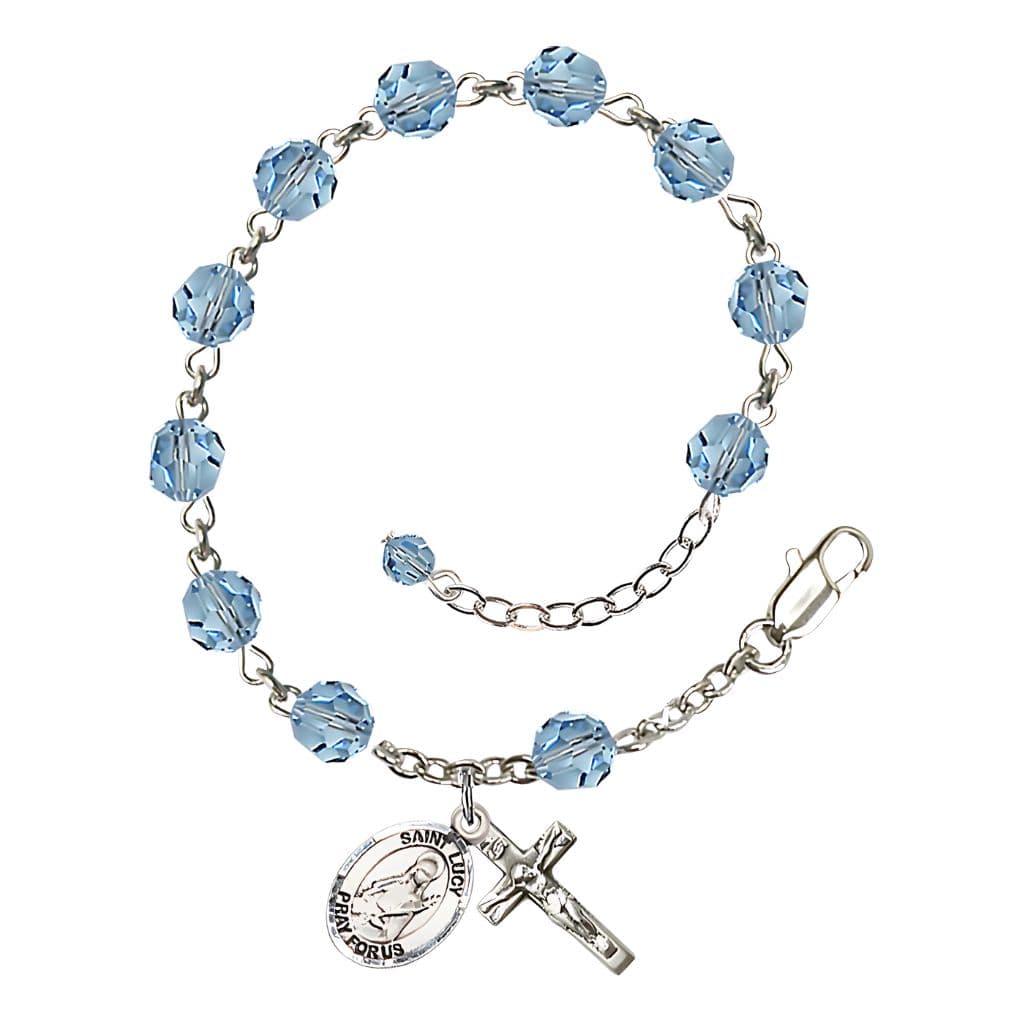 St. Lucy 6mm Aqua Birthstone Sterling Silver Rosary Bracelet,