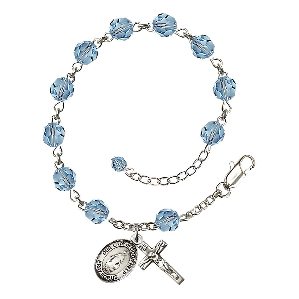 Bliss Our Lady of Good Help Birthstone Sterling Silver Rosary Bracelet in Aqua,