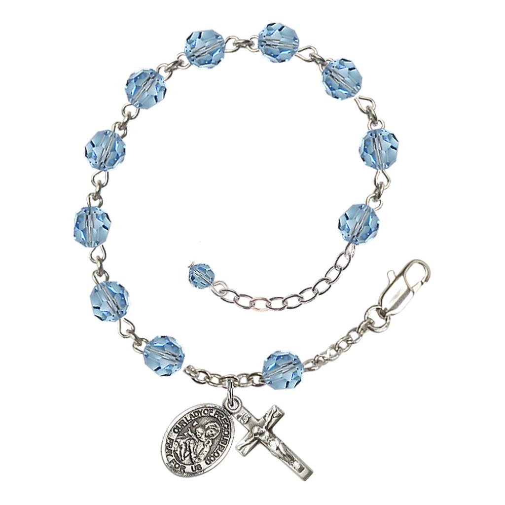 Our Lady of the Precious Blood Rosary Bracelet with Sterling Silver Crucifix and Charm, Birthstone 6mm Austrian Crystal Aqua Beads for March