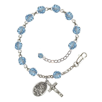 Our Lady of the Precious Blood Rosary Bracelet with Sterling Silver Crucifix and Charm, Birthstone 6mm Austrian Crystal Aqua Beads for March