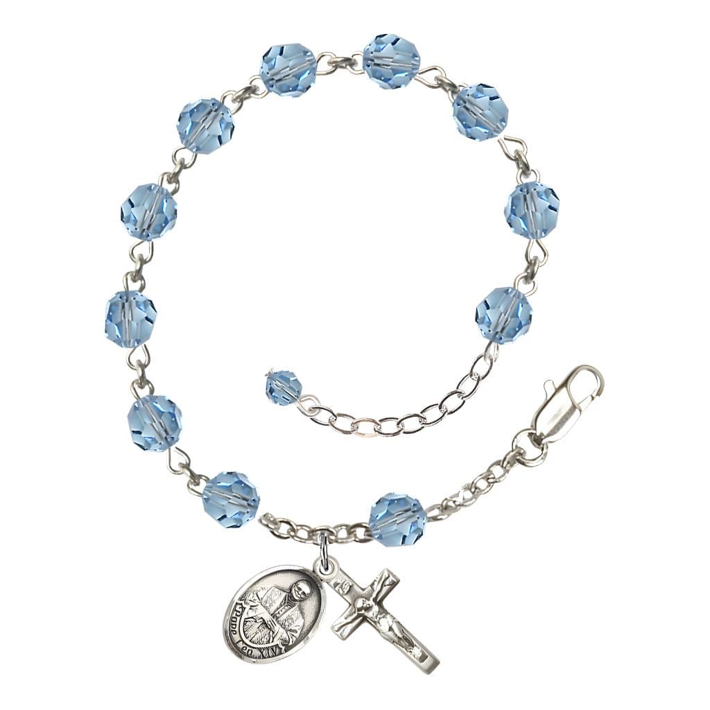 Bliss Pope Leo XIV Sterling Silver Rosary Bracelet with Birthstone 6mm Austrian Crystal Beads in Aqua for March