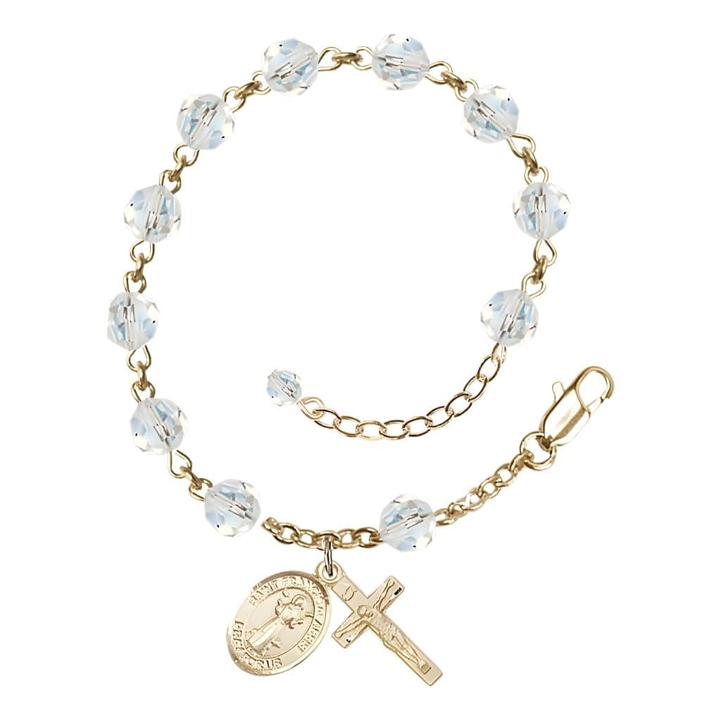 Bliss St. Francis of Assisi 6mm Austrian Crystal Bead Birthstone Rosary Gold-filled Bracelet in Clear