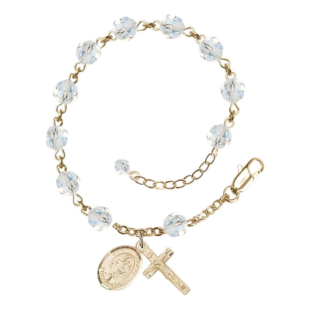 Bliss St. Nicholas Rosary Bracelet with 14kt Gold-filled Centerpiece and Crucifix, April Birthstone 6mm Clear Austrian Crystal Beads