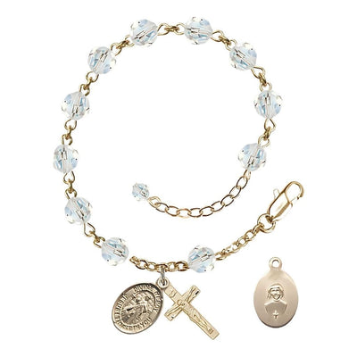 Jesus Divine Mercy Rosary Bracelet with Gold-filled Crucifix and Charm, Birthstone 6mm Austrian Crystal Clear Crystal Beads for April, Bliss Manufacturing