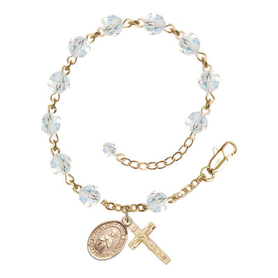 Bliss Our Lady of Rosa Mystica Rosary Bracelet with Gold-filled Crucifix and Charm, Birthstone 6mm Austrian Crystal Clear Crystal Beads for April