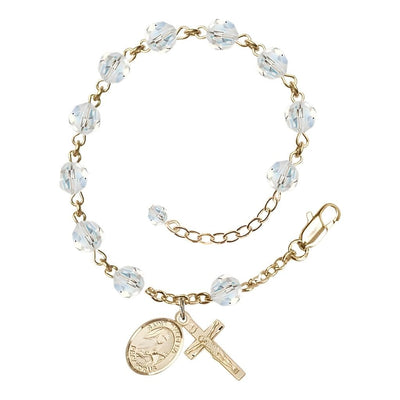 St. Theresa April Birthstone Clear 6mm Austrian Crystal Gold-filled Rosary Bracelet with 14kt Gold-filled Crucifix and Saint Medal, Bliss Manufacturing