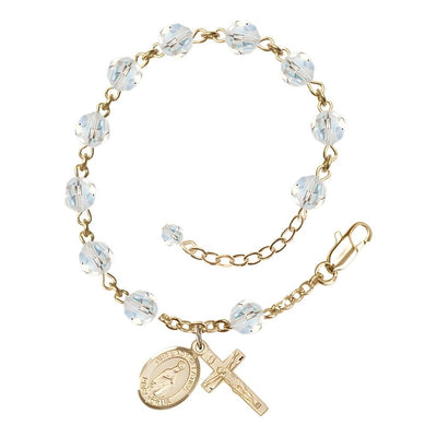 Our Lady of Fatima Rosary Bracelet with 14kt Gold Crucifix and Charm, Birthstone 6mm Austrian Crystal Clear Crystal Beads for April, Bliss Manufacturing
