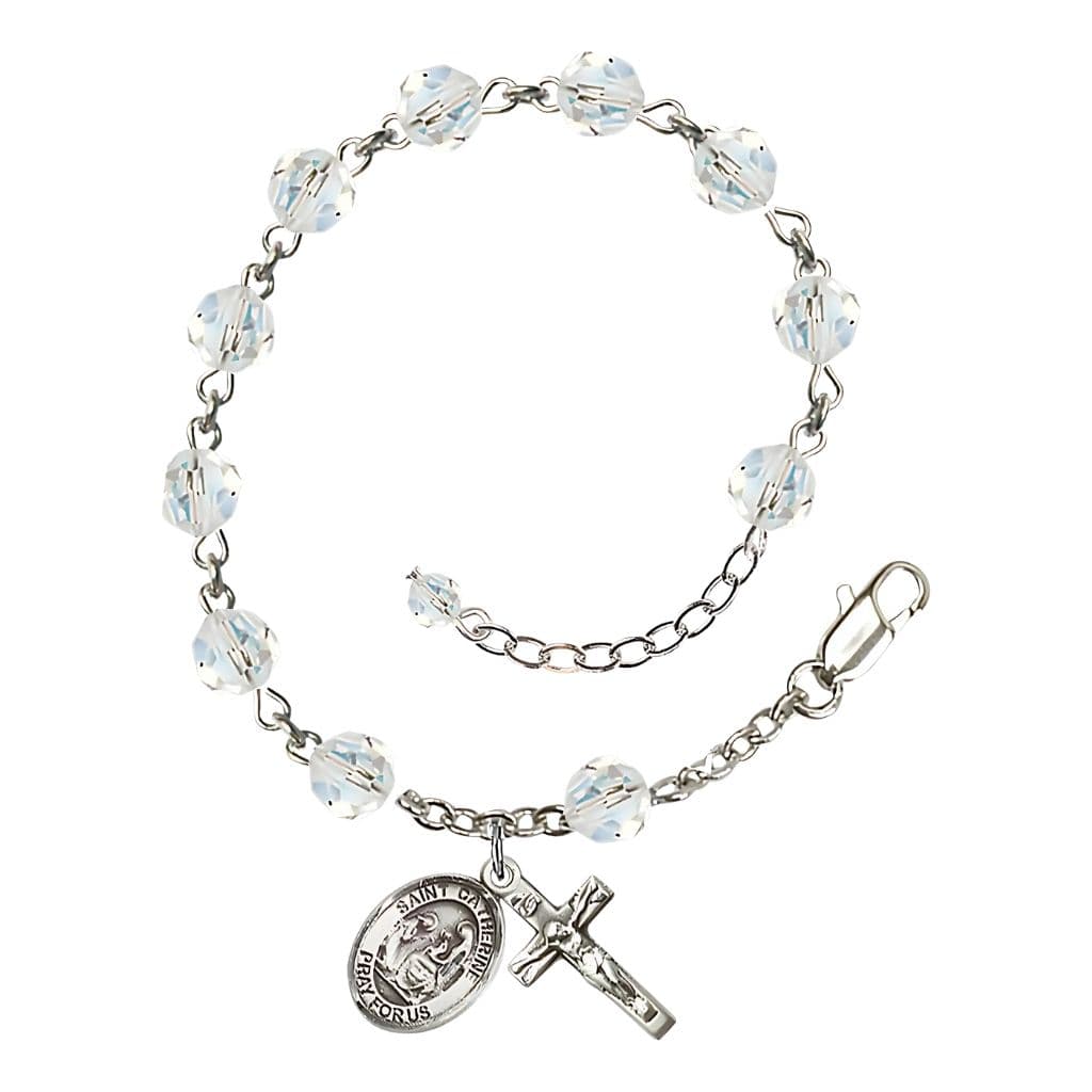 Bliss Saint Catherine of Siena Rosary Bracelet with Sterling Silver Crucifix and Medal, Birthstone 6mm Austrian Crystal Clear Crystal Beads for April
