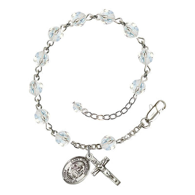Saint Catherine of Siena Rosary Bracelet with Sterling Silver Crucifix and Medal, Birthstone 6mm Austrian Crystal Clear Crystal Beads for April, Bliss Manufacturing