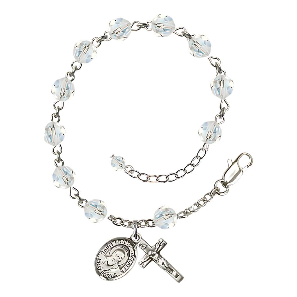 St. Francis de Sales 6mm Clear Birthstone Sterling Silver Rosary Bracelet,