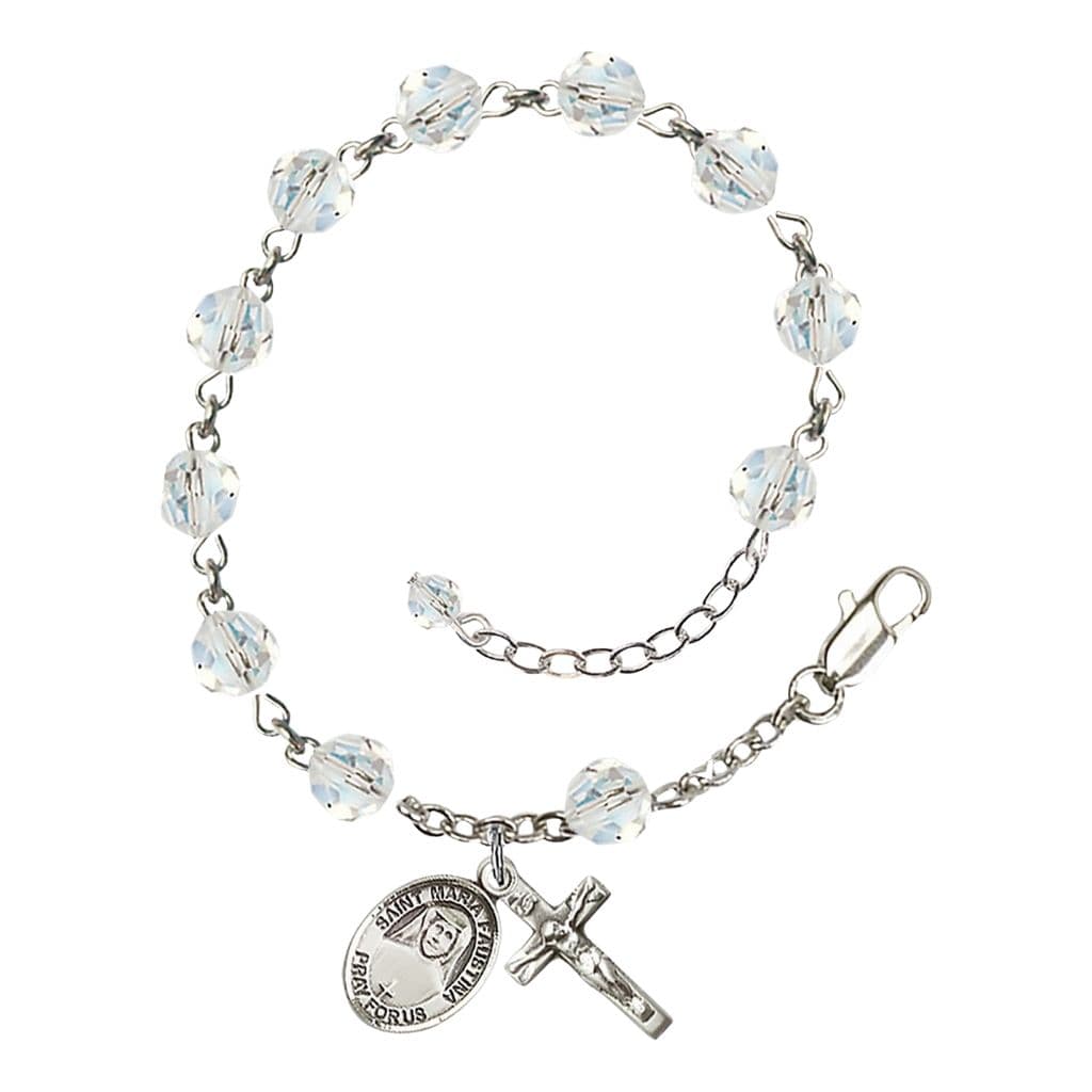 Bliss St. Maria Faustina Birthstone Sterling Silver 6mm Clear Austrian Crystal Rosary Bracelet,