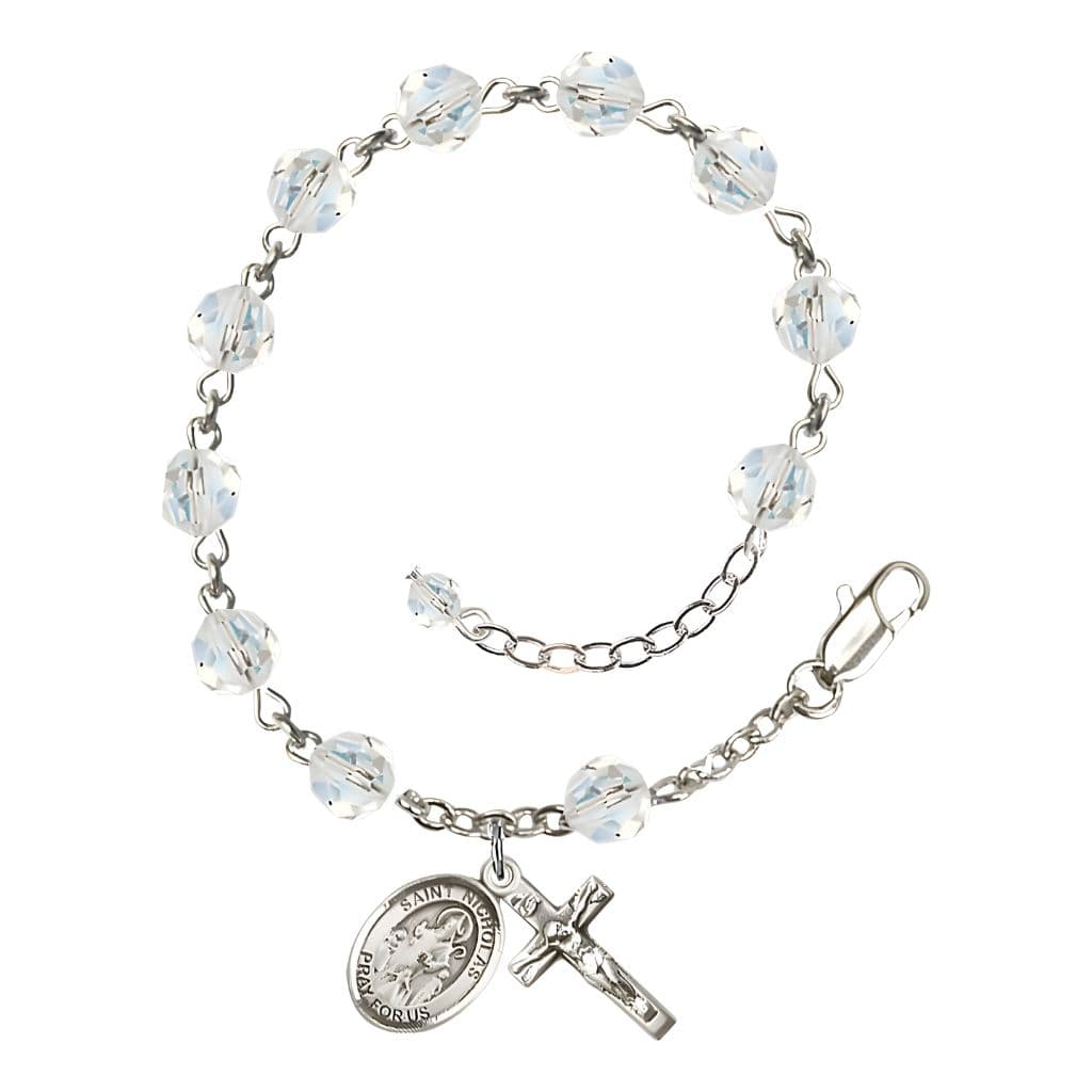 Bliss St. Nicholas Rosary Bracelet with Sterling Silver Centerpiece and Crucifix, April Birthstone 6mm Clear Austrian Crystal Beads