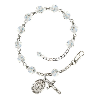 St. Nicholas Rosary Bracelet with Sterling Silver Centerpiece and Crucifix, April Birthstone 6mm Clear Austrian Crystal Beads, Bliss Manufacturing