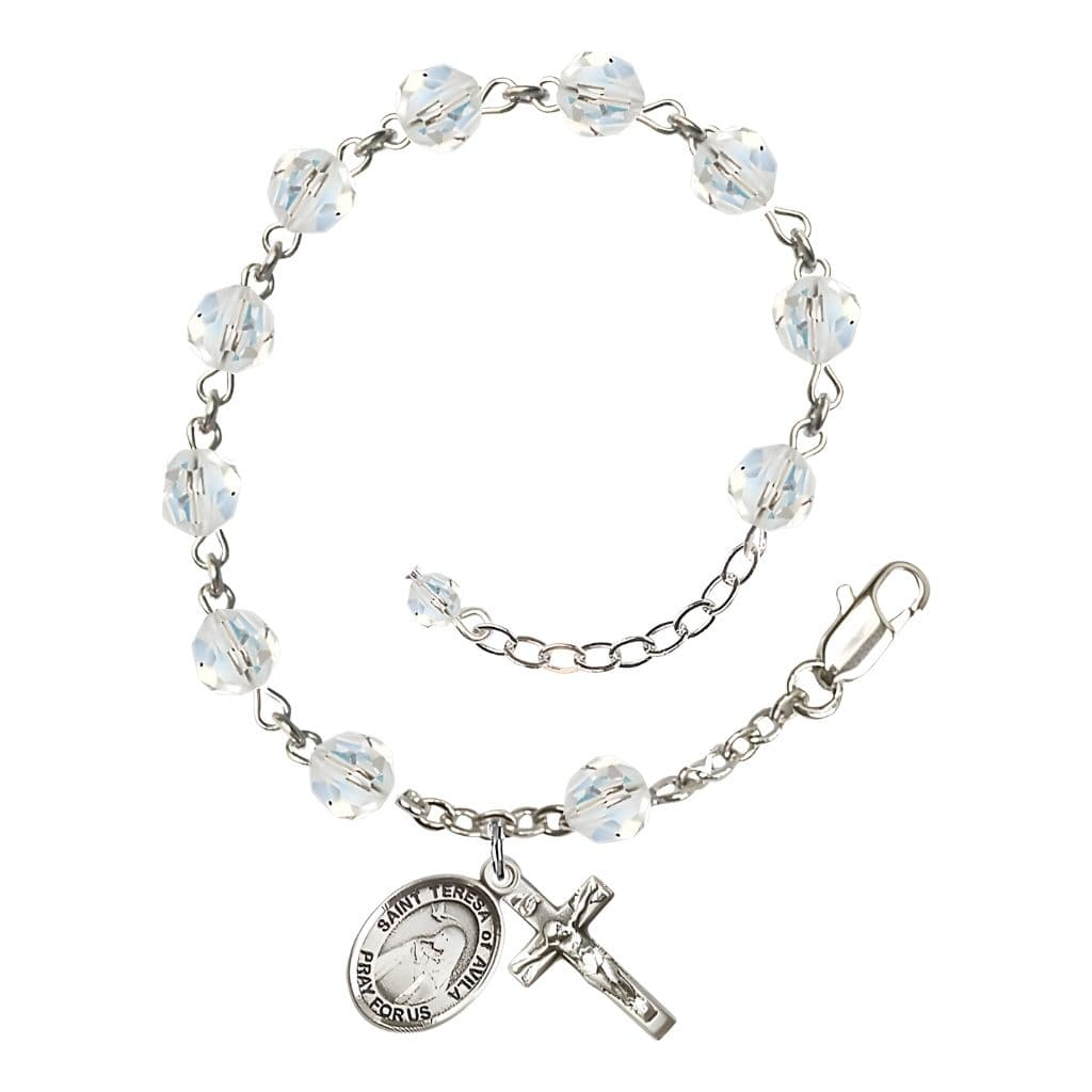 Bliss St. Teresa of Avila Birthstone Sterling Silver 6mm Clear Austrian Crystal Rosary Bracelet