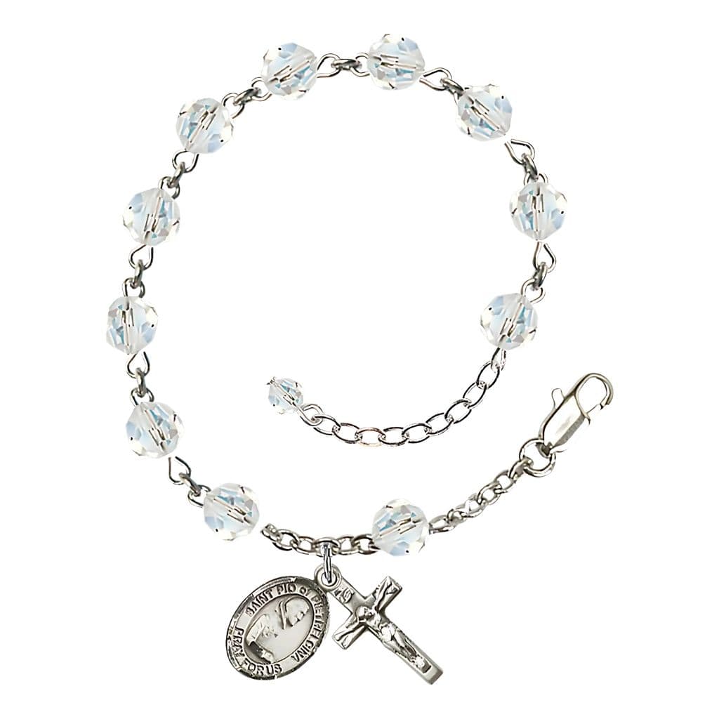 Bliss St. Padre Pio of Pietrelcina Birthstone Rosary Sterling Silver Bracelet with clear 6mm Austrian crystal beads