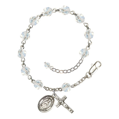Our Lady of Fatima Rosary Bracelet with Sterling Silver Crucifix and Charm, Birthstone 6mm Austrian Crystal Clear Crystal Beads for April, Bliss Manufacturing