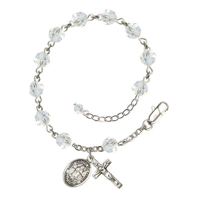 St. Isidore the Farmer Rosary Bracelet with Sterling Silver Crucifix and Charm, Birthstone 6mm Austrian Crystal Clear Crystal Beads for April, Bliss Manufacturing