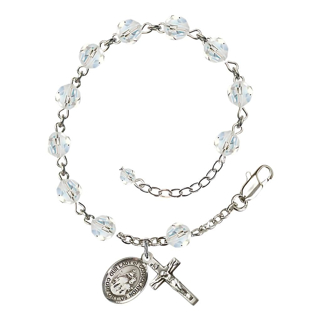 Bliss Our Lady of Consolation Birthstone Sterling Silver Rosary Bracelet in Clear,