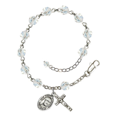 St. Teresa of Calcutta Birthstone Sterling Silver Clear 6mm Austrian Crystal Rosary Bracelet, Bliss Manufacturing