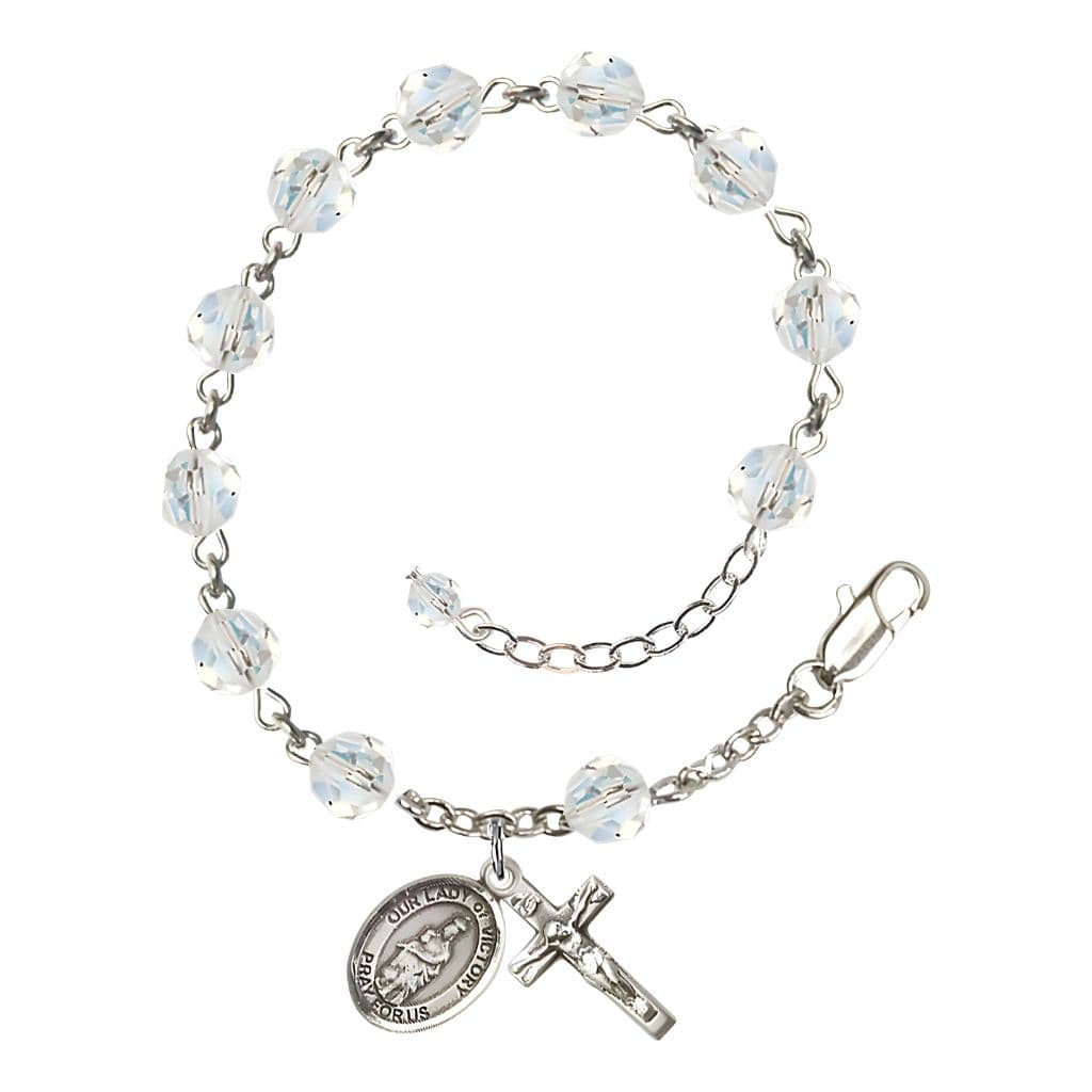 Bliss Our Lady of Victory Sterling Silver April Birthstone Clear 6mm Austrian Crystal Rosary Bracelet