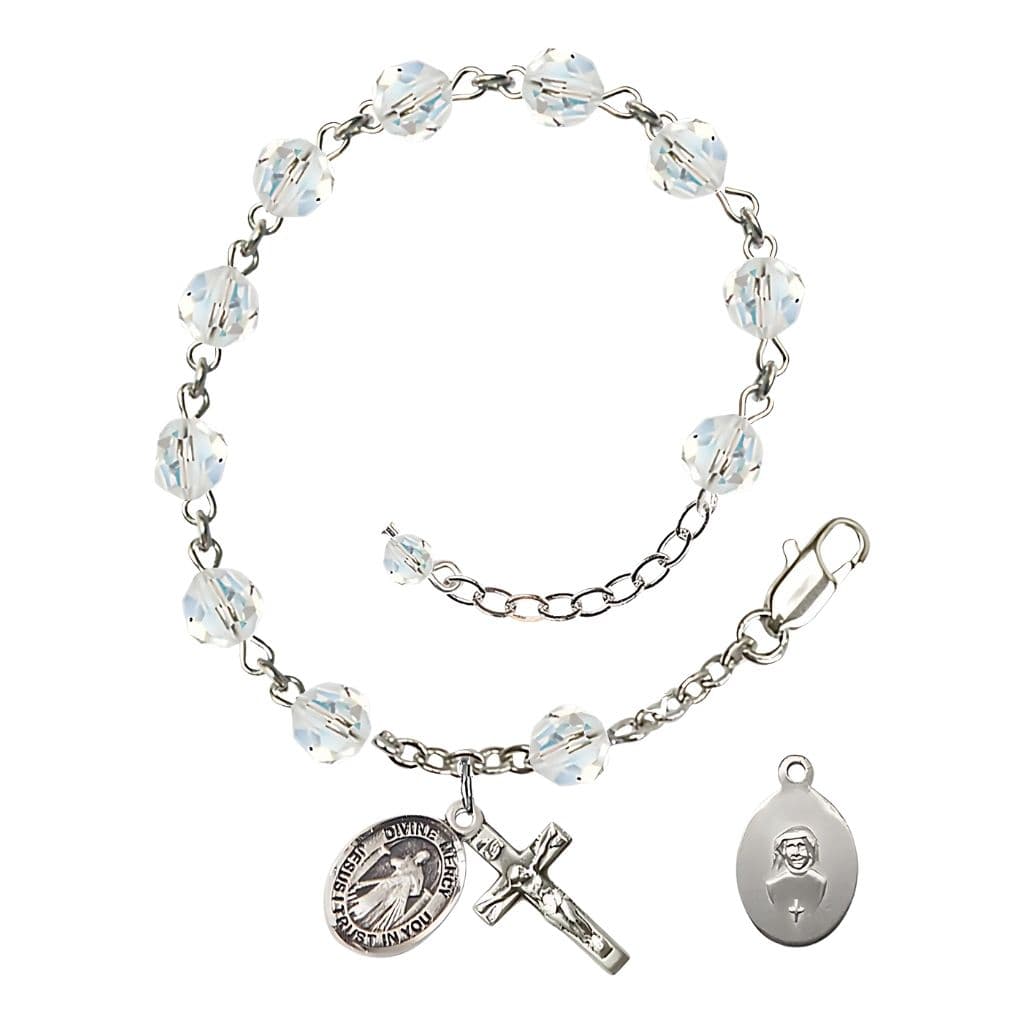 Bliss Jesus Divine Mercy Rosary Bracelet with Sterling Silver Crucifix and Charm, Birthstone 6mm Austrian Crystal Clear Crystal Beads for April