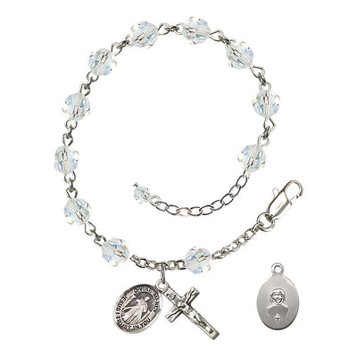 Jesus Divine Mercy Rosary Bracelet with Sterling Silver Crucifix and Charm, Birthstone 6mm Austrian Crystal Clear Crystal Beads for April, Bliss Manufacturing