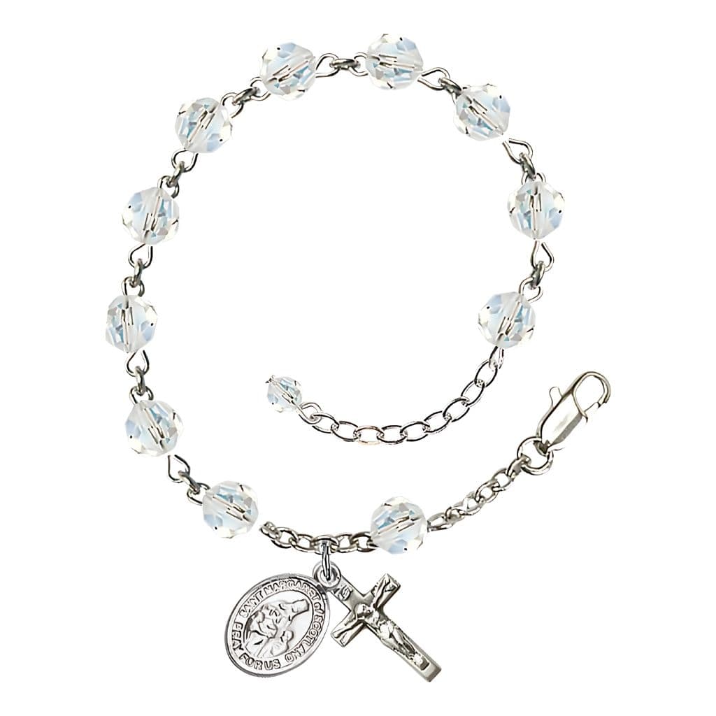 Bliss St. Margaret of Scotland Birthstone Sterling Silver Austrian Crystal Rosary Bracelet in Clear,