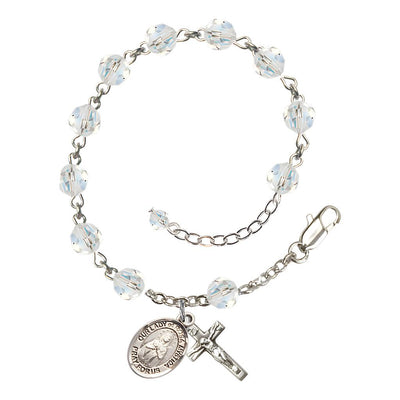 Bliss Our Lady of Rosa Mystica Rosary Bracelet with Sterling Silver Crucifix and Charm, Birthstone 6mm Austrian Crystal Clear Crystal Beads for April