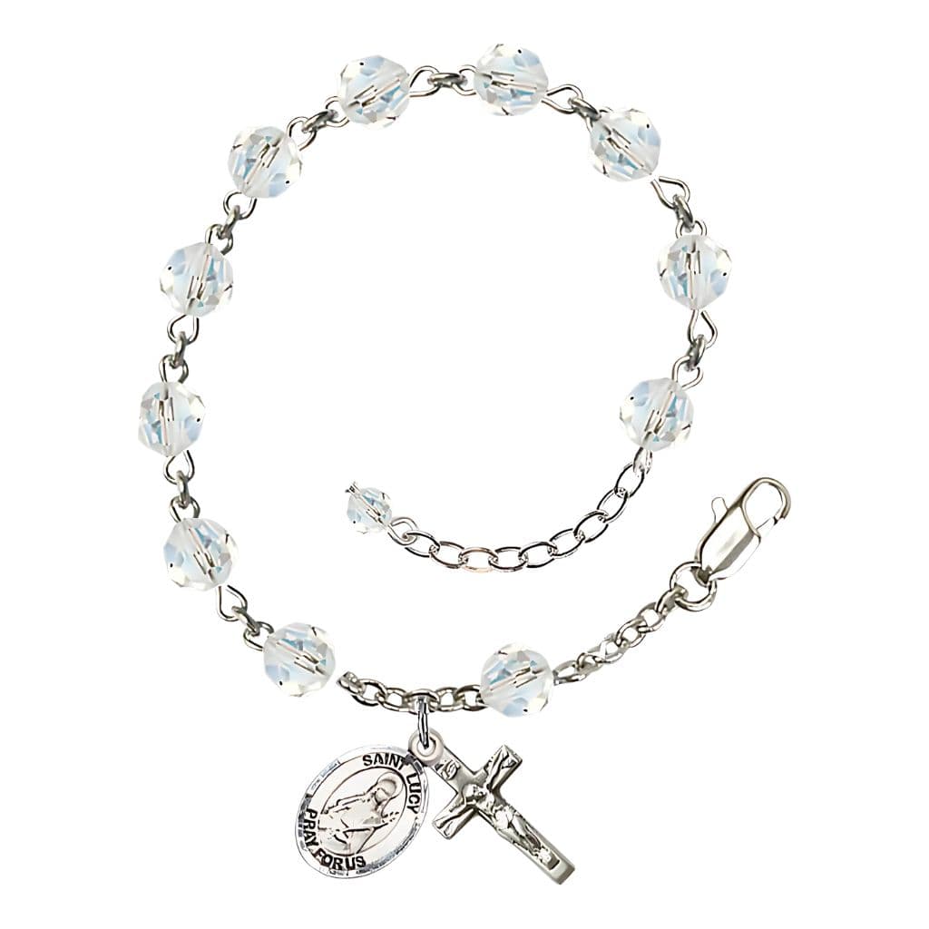 St. Lucy 6mm Clear Birthstone Sterling Silver Rosary Bracelet,