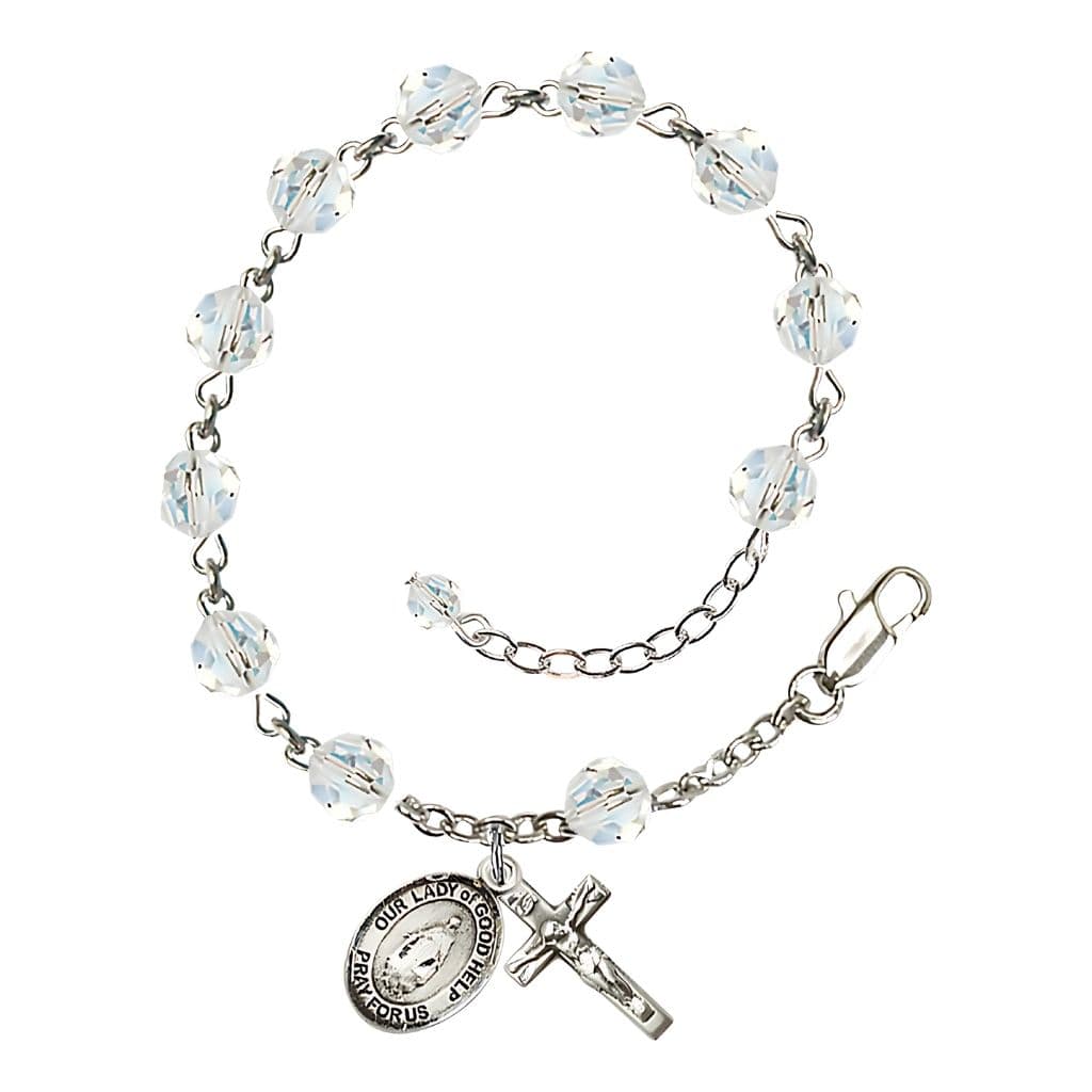 Bliss Our Lady of Good Help Birthstone Sterling Silver Rosary Bracelet in Clear,