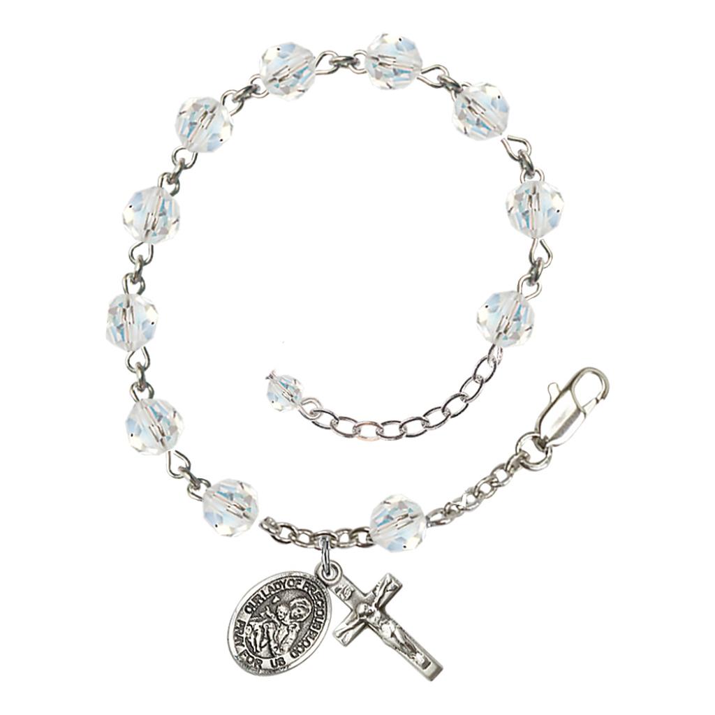 Our Lady of the Precious Blood Rosary Bracelet with Sterling Silver Crucifix and Charm, Birthstone 6mm Austrian Crystal Clear Crystal Beads for April
