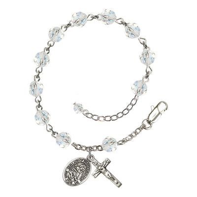 Our Lady of the Precious Blood Rosary Bracelet with Sterling Silver Crucifix and Charm, Birthstone 6mm Austrian Crystal Clear Crystal Beads for April