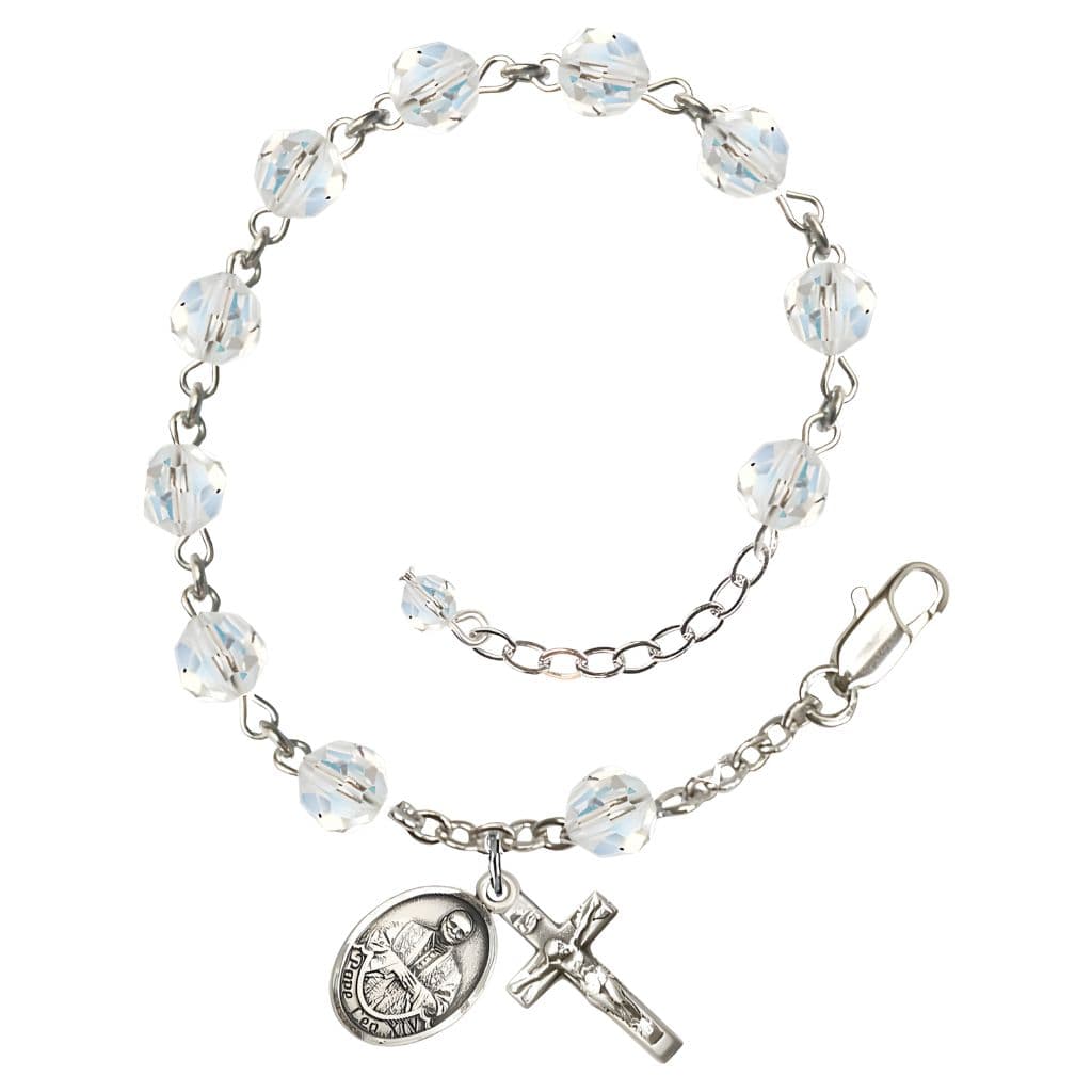 Bliss Pope Leo XIV Sterling Silver Rosary Bracelet with Birthstone 6mm Austrian Crystal Beads in Clear for April
