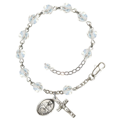 Pope Leo XIV Sterling Silver Rosary Bracelet with Birthstone 6mm Austrian Crystal Beads in Clear for April, Bliss Manufacturing
