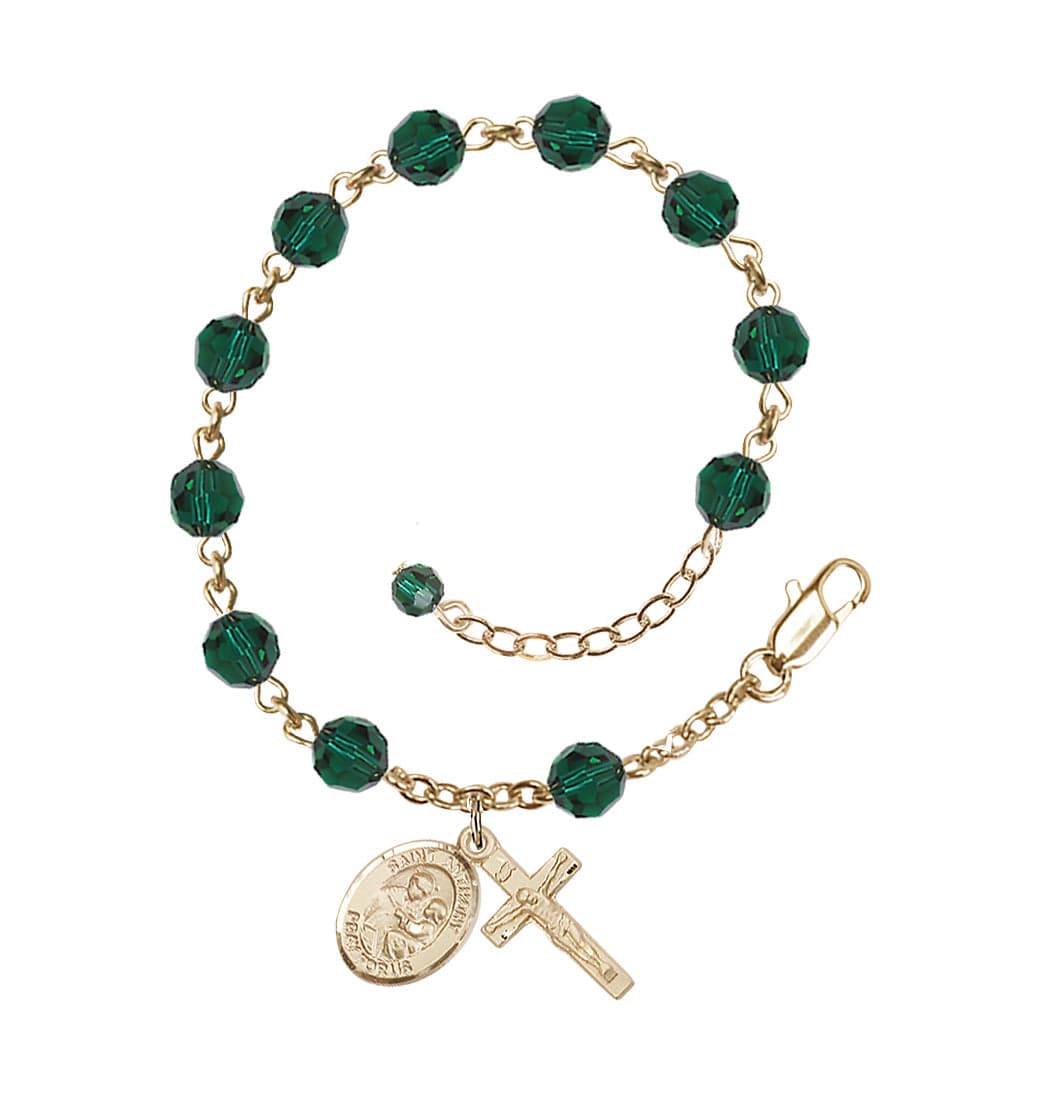 Bliss Gold Filled Crystal St Anthony of Padua Birthstone Rosary Bracelet in Emerald,